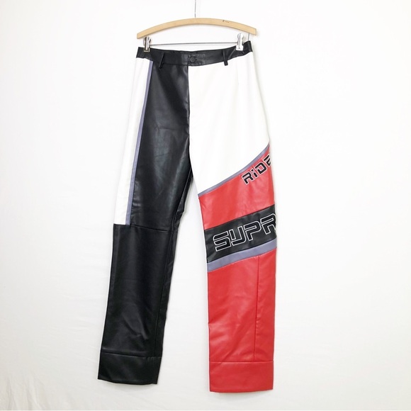 Fashion Nova faux, leather color block let’s race Moto pants - Picture 3 of 10